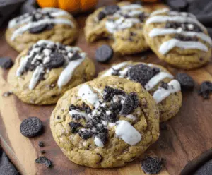 Delicious homemade Pumpkin Oreo White Chocolate Cookies with pumpkin puree, crushed Oreos, and white chocolate chunks on a baking sheet