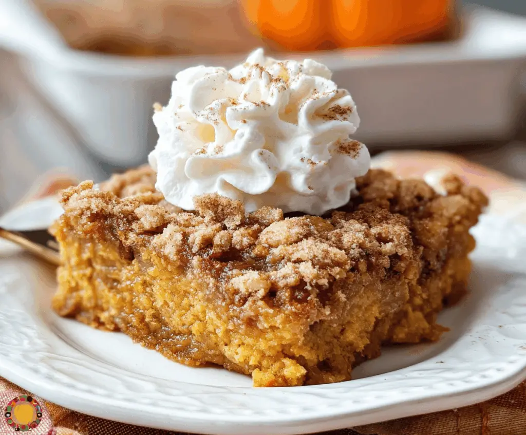Delicious homemade pumpkin pie dump cake with whipped cream and cinnamon topping on a rustic serving plate