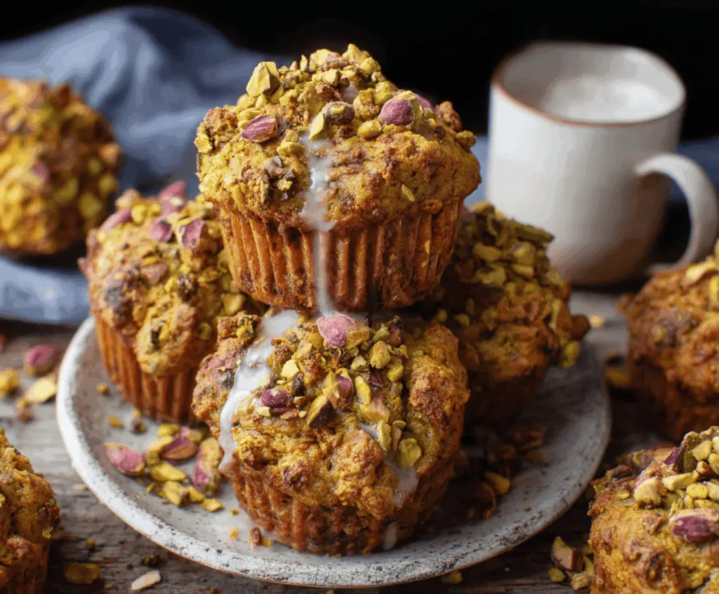 Delicious homemade pumpkin pistachio muffins topped with chopped pistachios and a sprinkle of cinnamon, perfect for fall breakfast or snack.