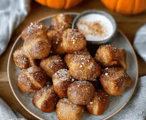 Golden Pumpkin Pretzel Bites topped with melted cheese and herbs on a rustic serving platter, perfect for fall snacking