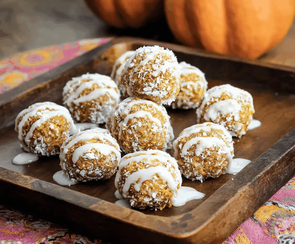 Delicious Pumpkin Protein Snowball Bites topped with shredded coconut and cinnamon, perfect for healthy snacks and energy boosts.
