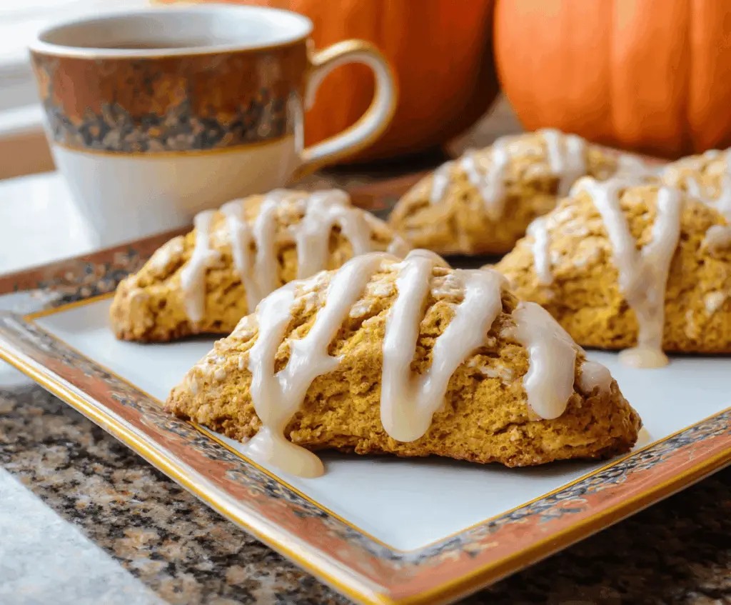 Delicious pumpkin scones topped with creamy maple icing, perfect for breakfast or teatime.