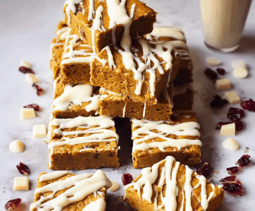 Delicious pumpkin spiced bars topped with white chocolate drizzle, perfect for fall desserts