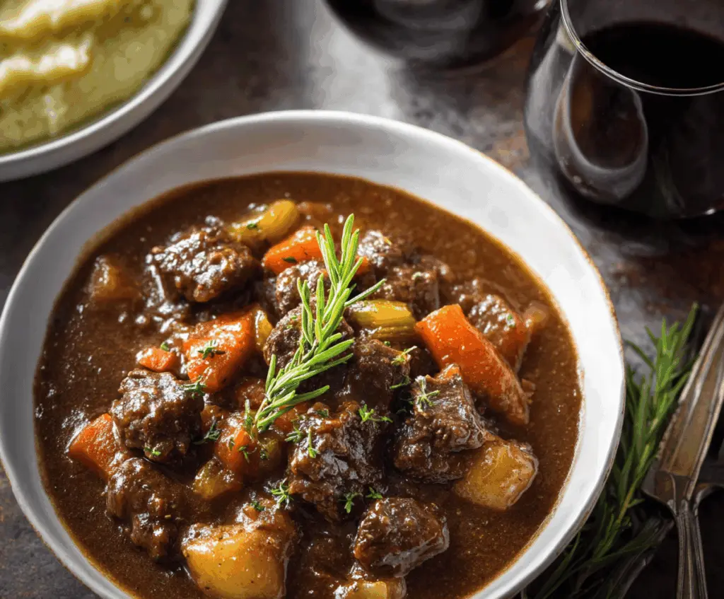 Hearty red wine beef stew with tender beef chunks, vegetables, and rich sauce served in a rustic bowl.