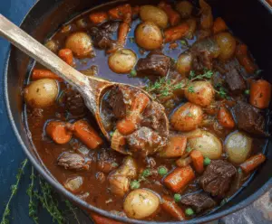 Hearty stovetop beef stew with tender beef chunks, vegetables, and rich broth served in a rustic bowl.