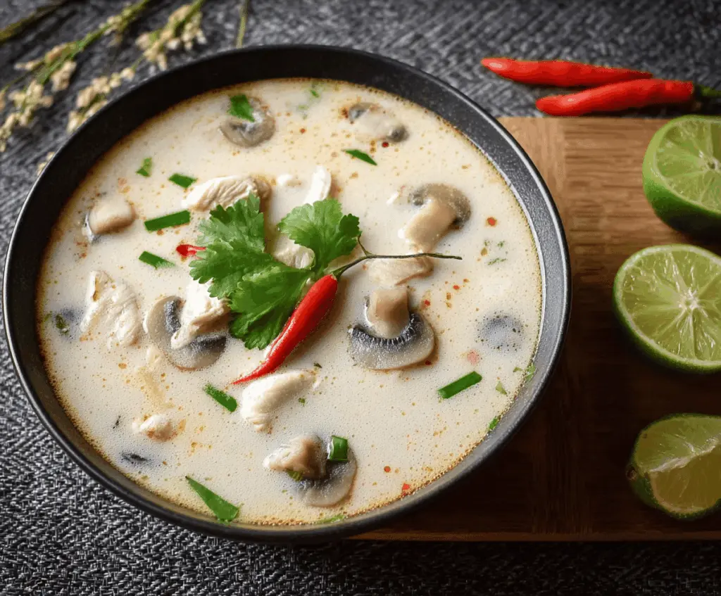 Creamy Tom Kha Gai Thai coconut chicken soup with fresh herbs, mushrooms, and lime slices in a bowl