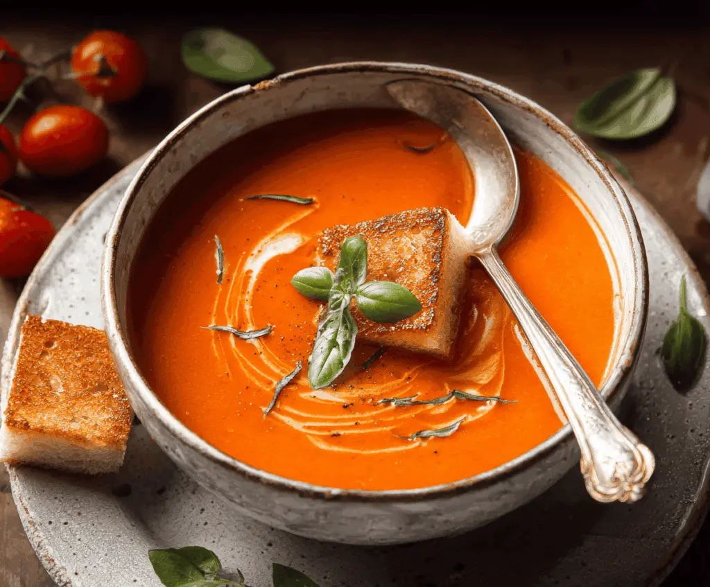 Creamy homemade tomato soup served in a bowl with fresh basil leaves and a side of crusty bread, perfect for a comforting meal.